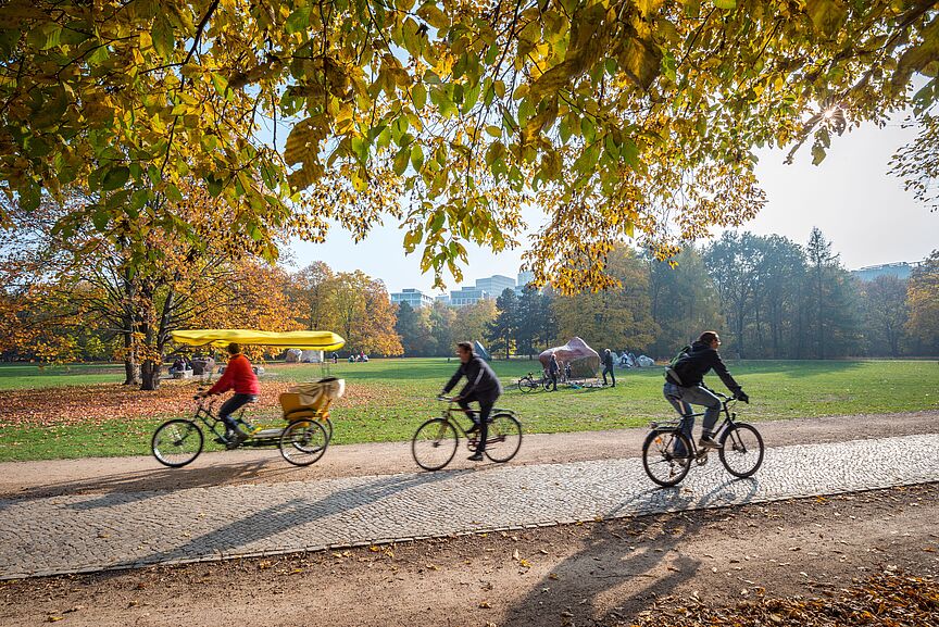 Fahrradfahren in der Stadt Radfahrer in einem Park im Herbst