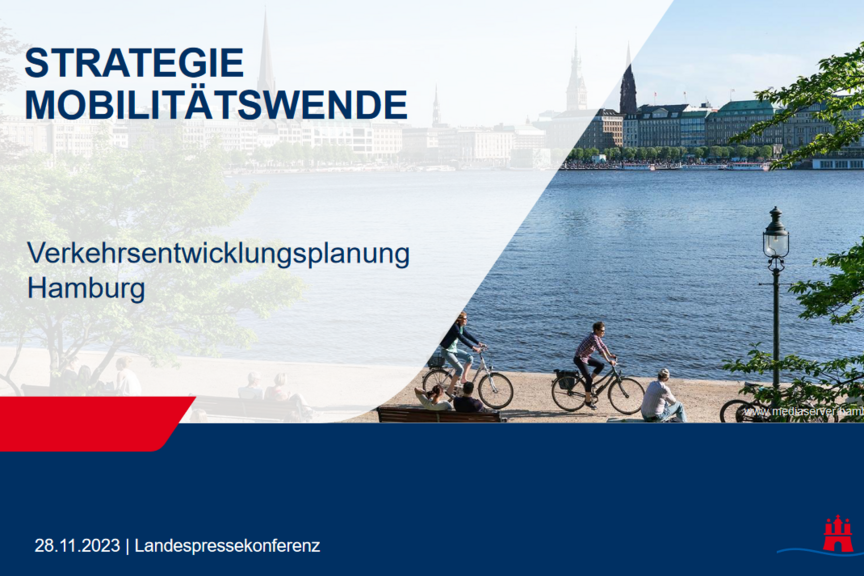 Screenshot Mobilitätswende-Strategie Hamburg Titelbild eines Papiers zur Mobilitätswende-Strategie mit einem Gewässer und Radfahrern, die davor langfahren.