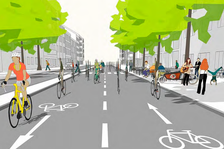 Titelbild Forderungspapier Koalitionsverhandlungen EIne Grafik einer Straßenszene mit vielen Radfahrenden.