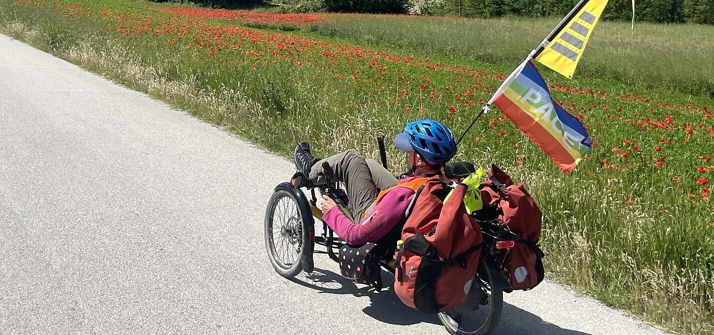 Eine Person auf einem liegenden Trike mit Friedensflagge und Gepäcktaschen fährt auf einer Landstraße entlang eines rot blühenden Mohnblumenfeldes mit Bergkulisse im Hintergrund unter blauem Himmel.